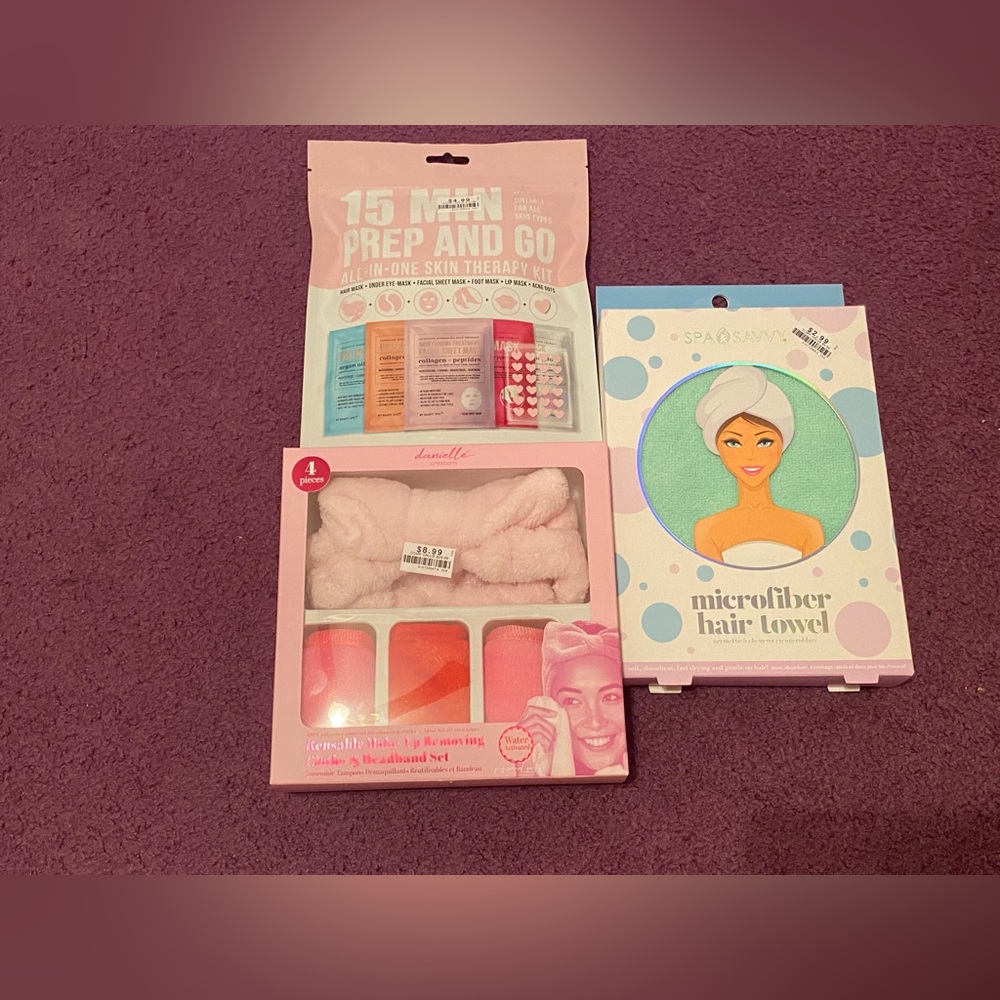 NWT make up removing cloths with headband set, hair towel, and skin kit